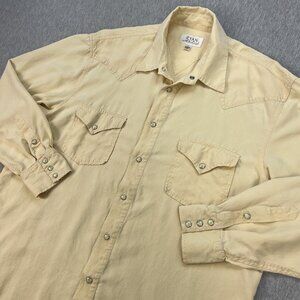 Ryan Michael Western Pearl Snap Shirt Mens L Pale Yellow 100% Silk Elk Antlers